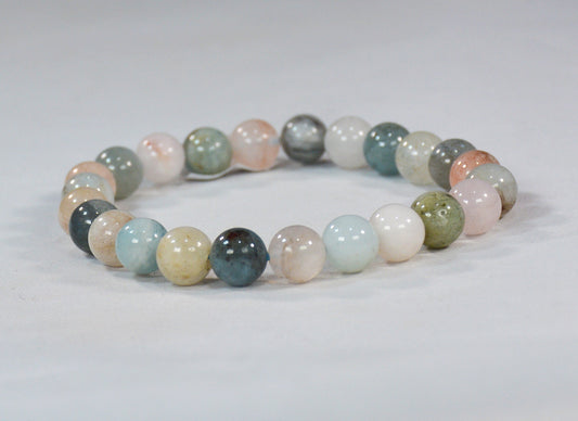 8mm Round Bead Tri-Color Beryl (Pink/Aqua/Clear-Grey) Stretch Bracelet – Morganite, Goshenite, Aquamarine