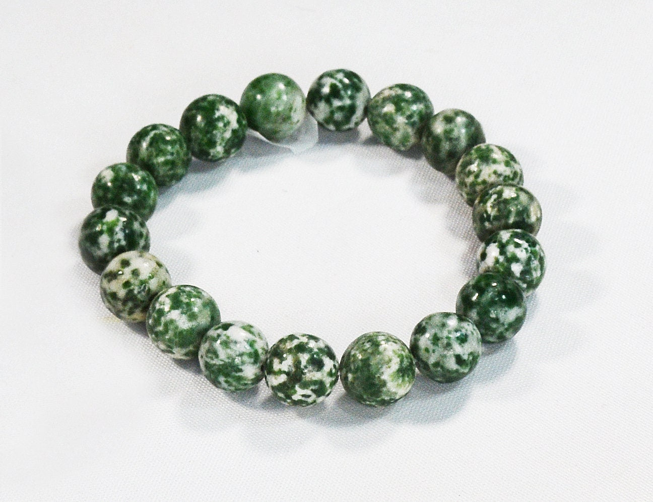 12mm Tree Agate Stretch Bracelet on White Cord – Natural Stone Jewelry