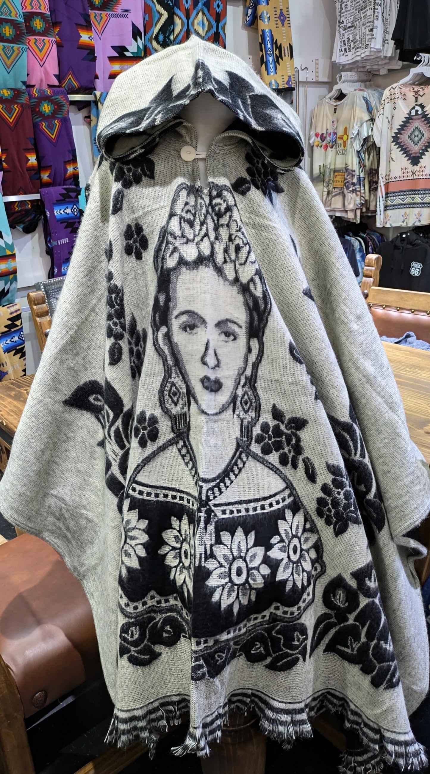 Frida Kahlo Reversible Hooded Poncho – Unisex Christmas Gift | Black and White or Teal-Denim Blue and White