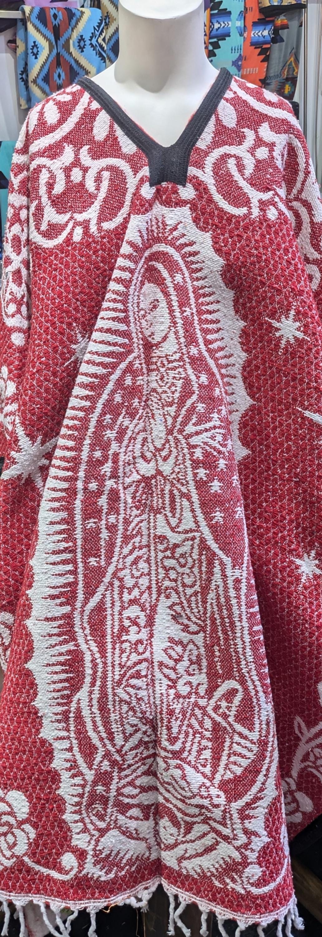 Lady of Guadalupe Poncho – Handwoven | Red, Maroon, Blue | Eco-Friendly | Hecho en Mexico