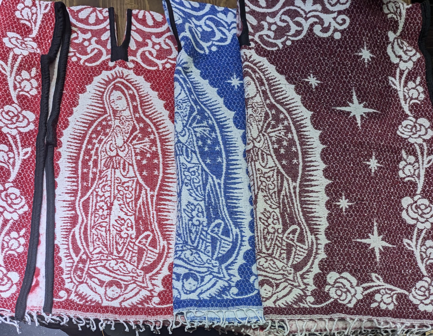 Lady of Guadalupe Poncho – Handwoven | Red, Maroon, Blue | Eco-Friendly | Hecho en Mexico