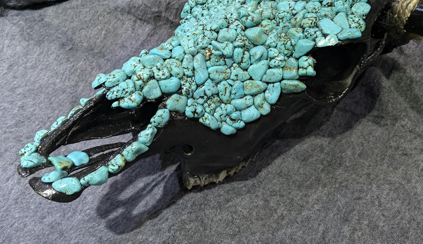 Handcrafted Navajo Bull Skull  Turquoise Magnesite Adornments