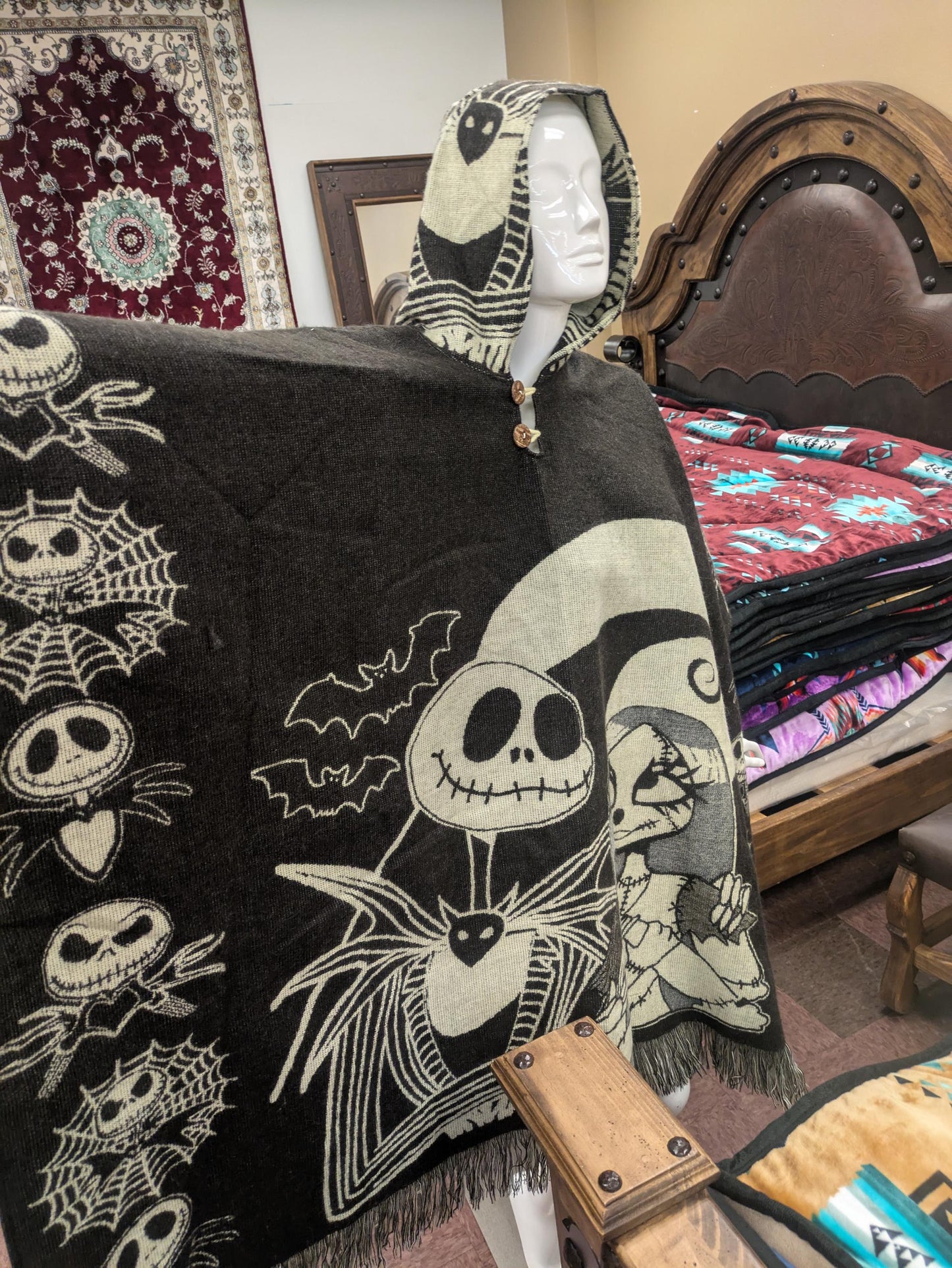 Reversible Jack Skellington Poncho  Hooded Nightmare Before Christmas Wool Blend