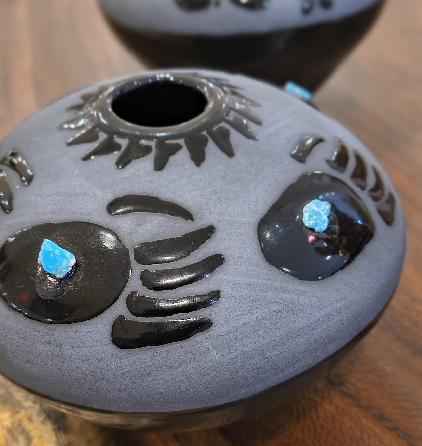 Indigenous Handcrafted Black Pottery Vase:  Sleeping Beauty Turquoise - 3 Options - Butterfly, Feather, Bear Paw