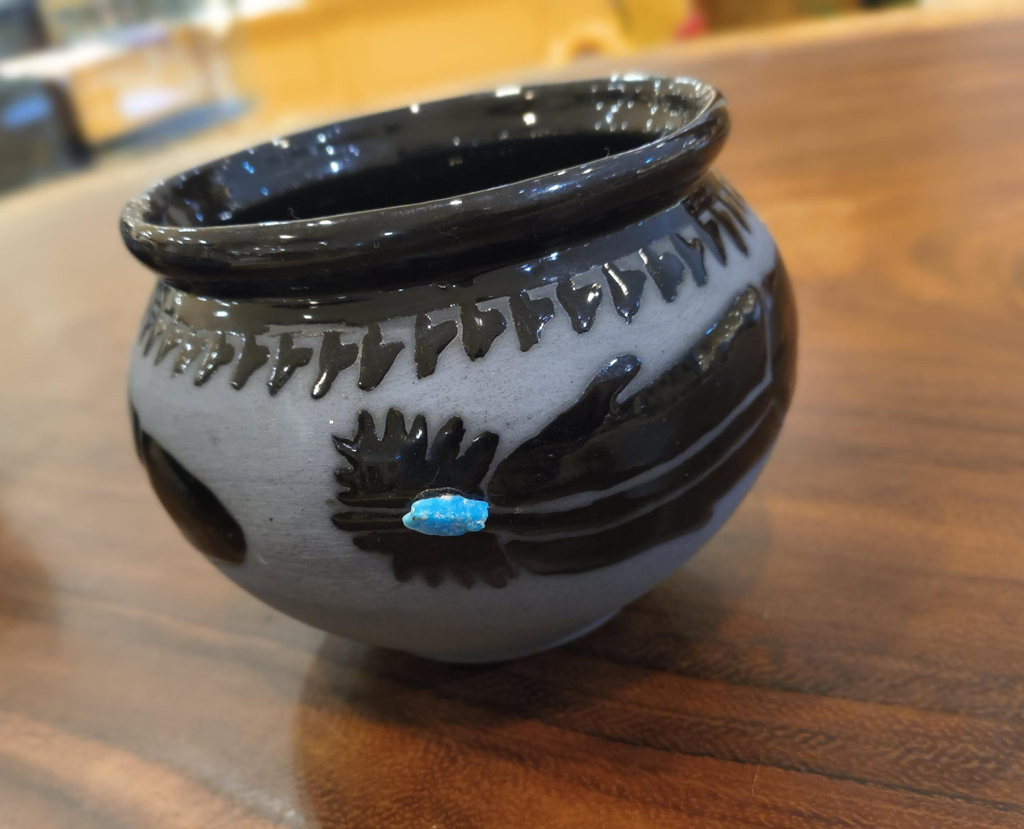 Indigenous Handcrafted Black Pottery Vase:  Sleeping Beauty Turquoise - 3 Options - Butterfly, Feather, Bear Paw