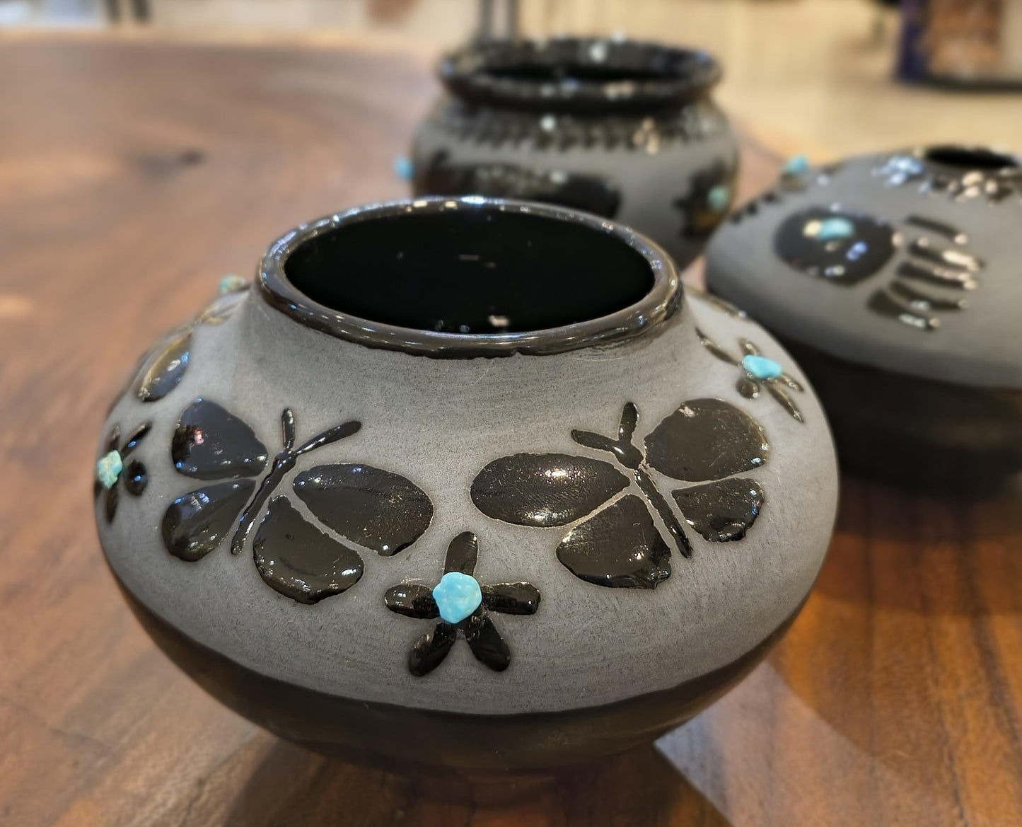 Indigenous Handcrafted Black Pottery Vase:  Sleeping Beauty Turquoise - 3 Options - Butterfly, Feather, Bear Paw