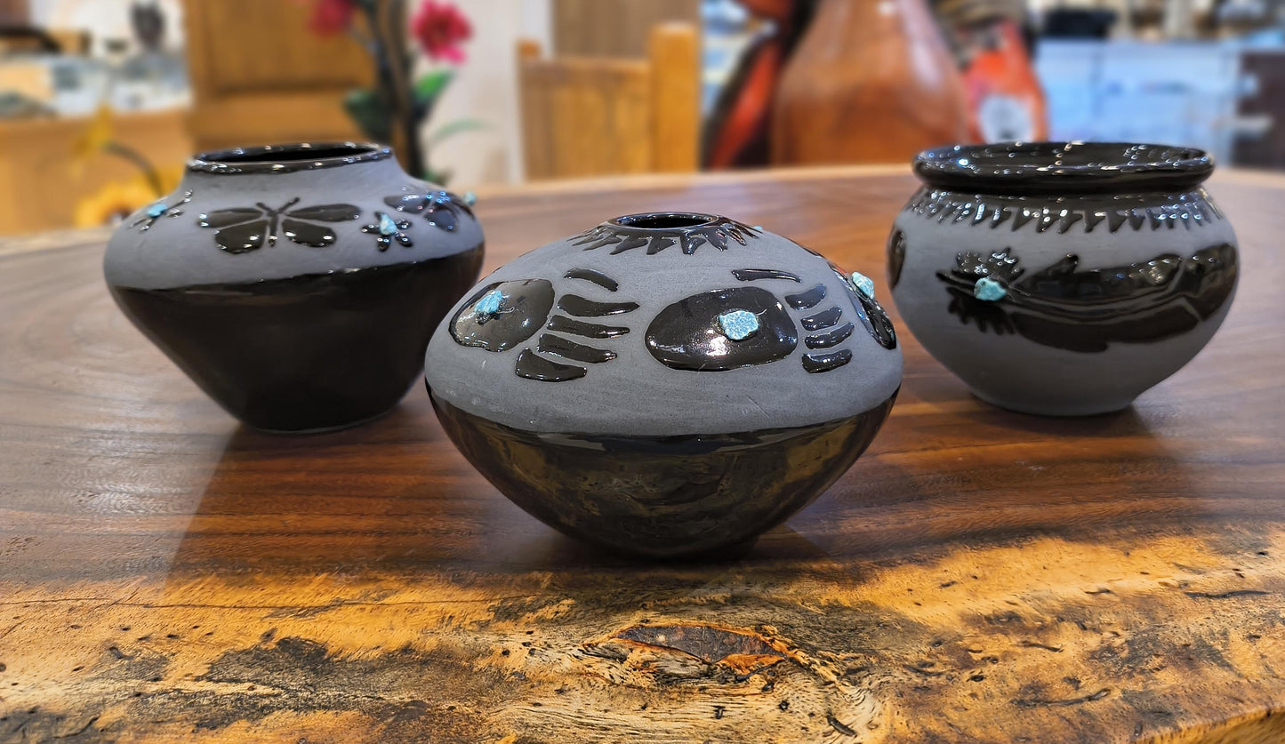 Indigenous Handcrafted Black Pottery Vase:  Sleeping Beauty Turquoise - 3 Options - Butterfly, Feather, Bear Paw