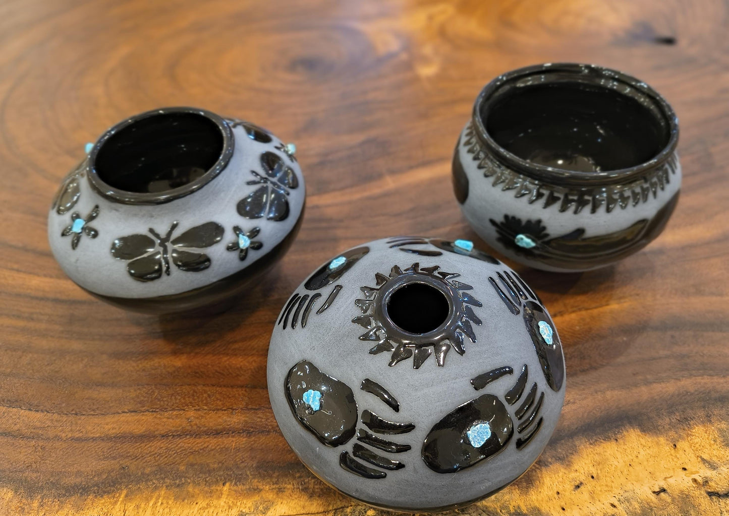 Indigenous Handcrafted Black Pottery Vase:  Sleeping Beauty Turquoise - 3 Options - Butterfly, Feather, Bear Paw