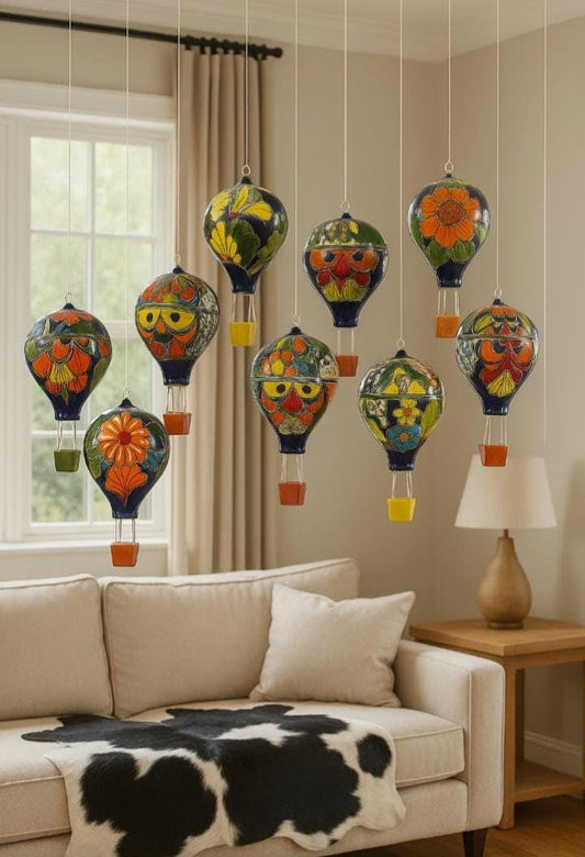 Hand-Painted Talavera Hot Air Balloon: Medium Mexican Ceramic Folk Art (12" Hanging)