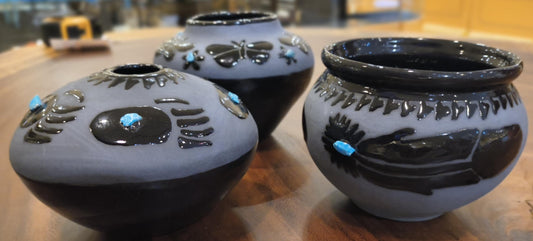 Indigenous Handcrafted Black Pottery Vase:  Sleeping Beauty Turquoise - 3 Options - Butterfly, Feather, Bear Paw
