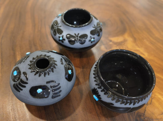 Indigenous Handcrafted Black Pottery Vase:  Sleeping Beauty Turquoise - 3 Options - Butterfly, Feather, Bear Paw