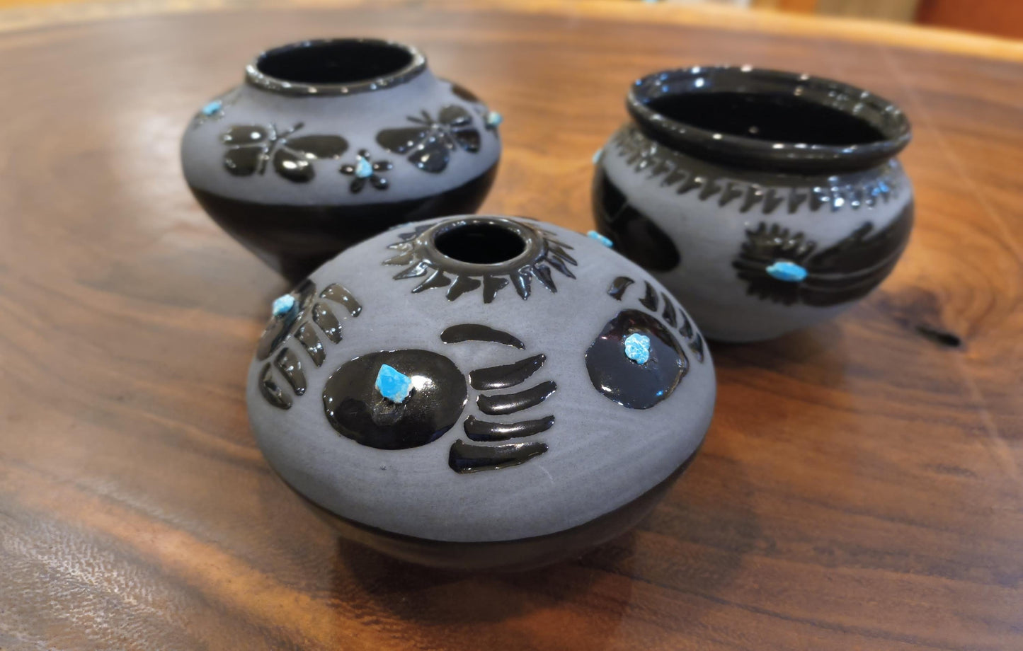 Indigenous Handcrafted Black Pottery Vase:  Sleeping Beauty Turquoise - 3 Options - Butterfly, Feather, Bear Paw
