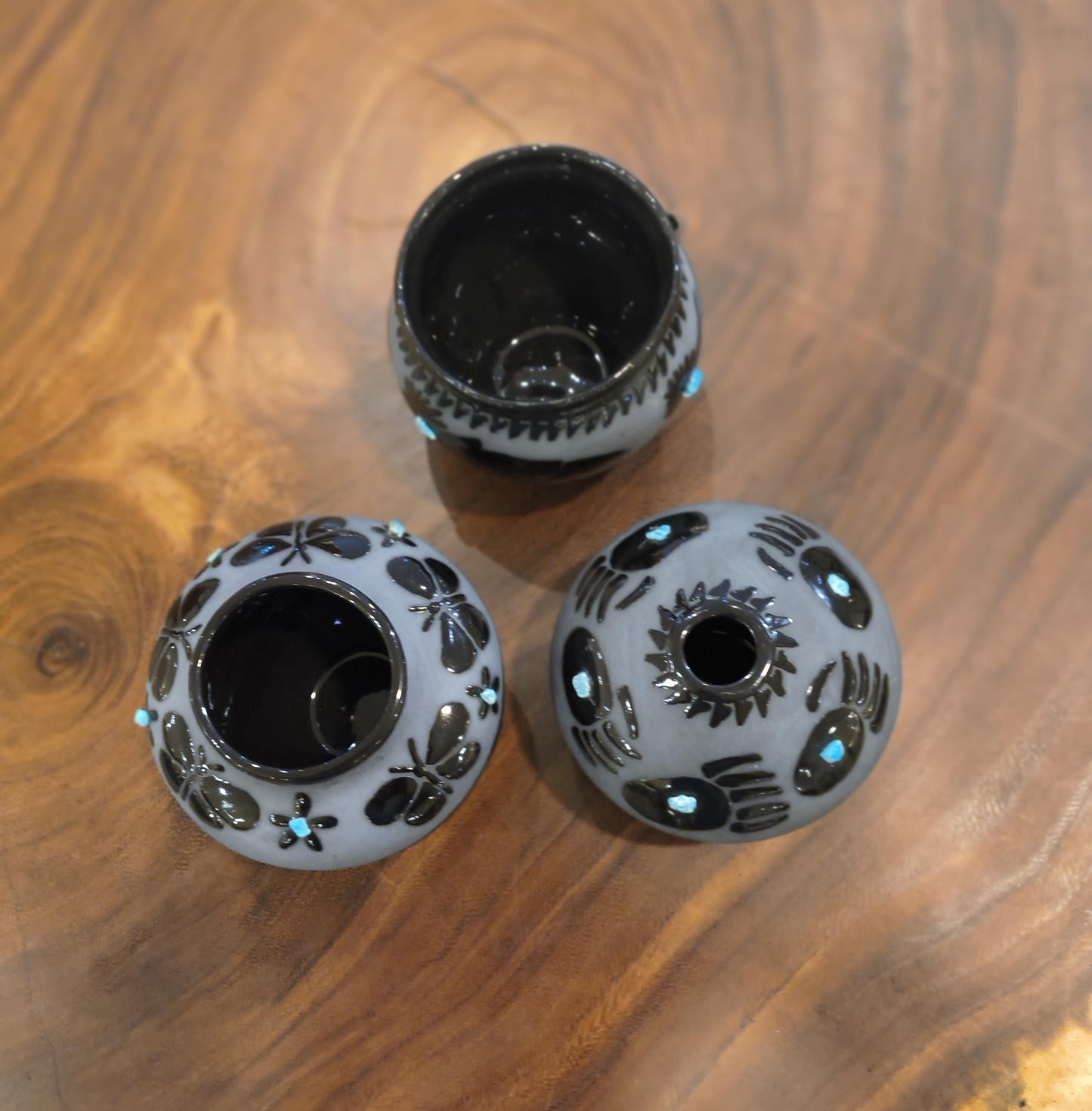Indigenous Handcrafted Black Pottery Vase:  Sleeping Beauty Turquoise - 3 Options - Butterfly, Feather, Bear Paw