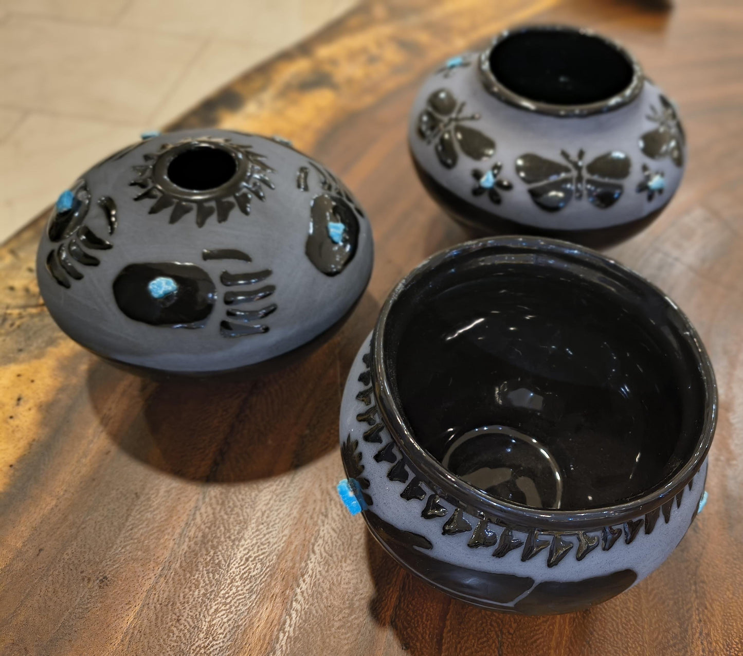 Indigenous Handcrafted Black Pottery Vase:  Sleeping Beauty Turquoise - 3 Options - Butterfly, Feather, Bear Paw