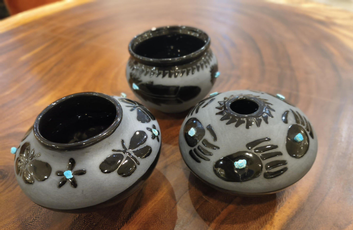 Indigenous Handcrafted Black Pottery Vase:  Sleeping Beauty Turquoise - 3 Options - Butterfly, Feather, Bear Paw
