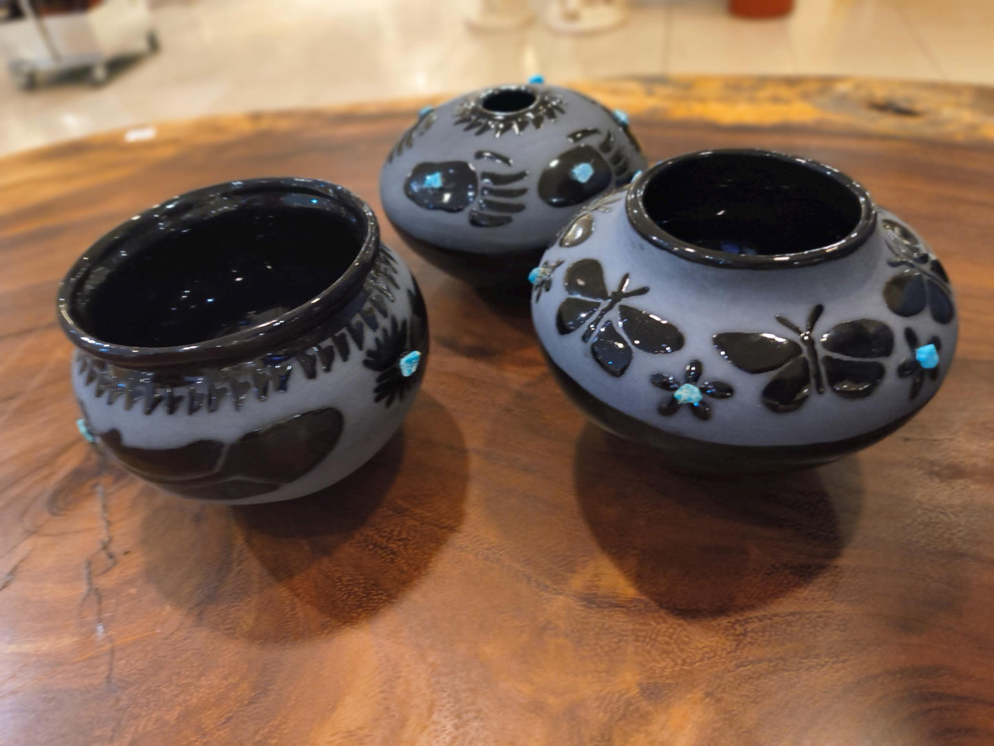 Indigenous Handcrafted Black Pottery Vase:  Sleeping Beauty Turquoise - 3 Options - Butterfly, Feather, Bear Paw