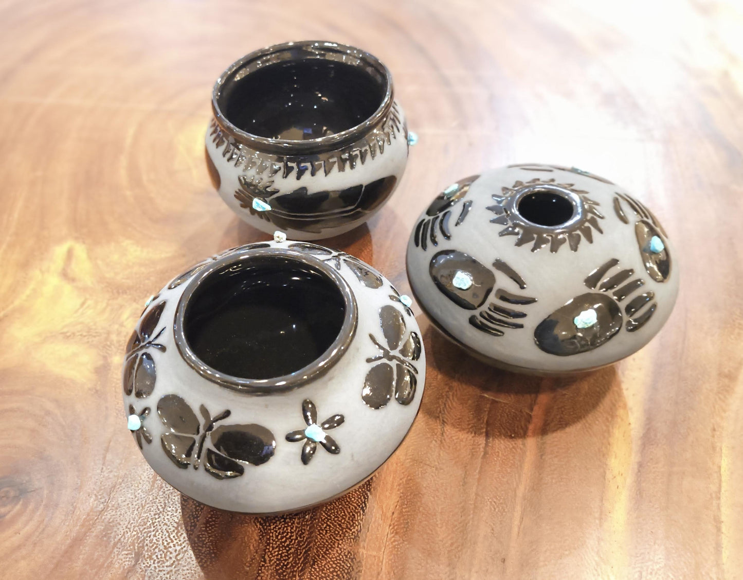 Indigenous Handcrafted Black Pottery Vase:  Sleeping Beauty Turquoise - 3 Options - Butterfly, Feather, Bear Paw