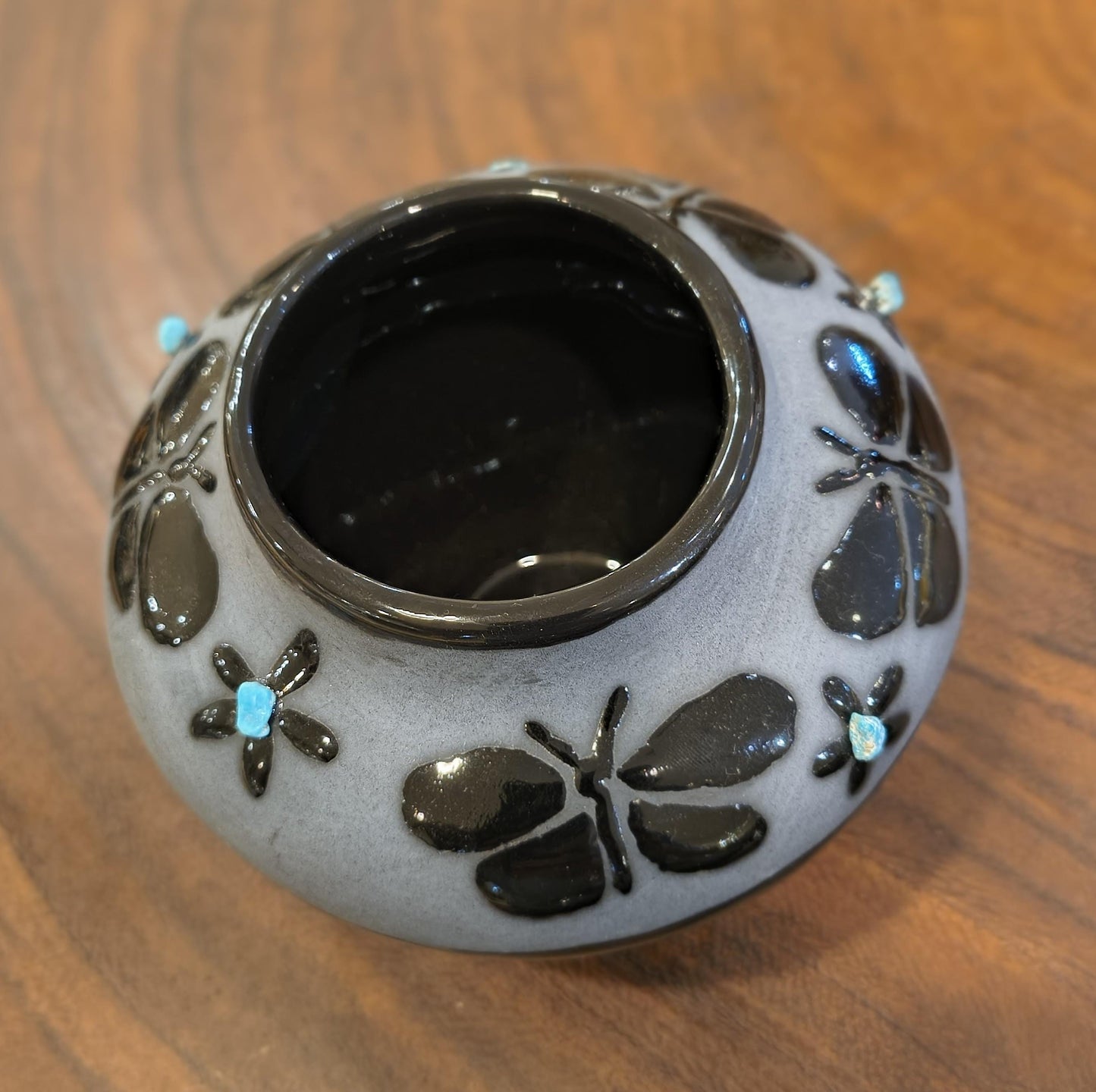 Indigenous Handcrafted Black Pottery Vase:  Sleeping Beauty Turquoise - 3 Options - Butterfly, Feather, Bear Paw