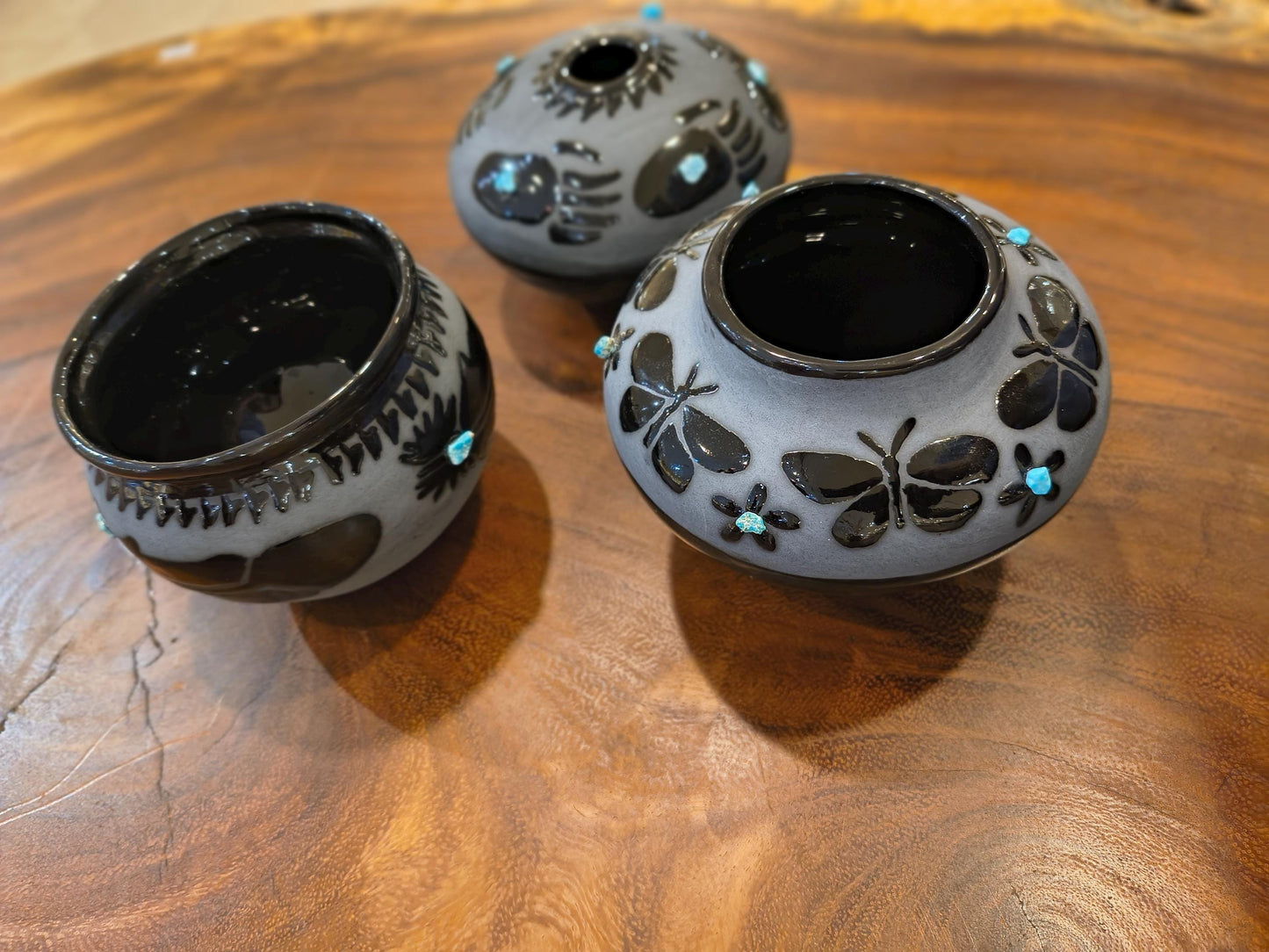 Indigenous Handcrafted Black Pottery Vase:  Sleeping Beauty Turquoise - 3 Options - Butterfly, Feather, Bear Paw