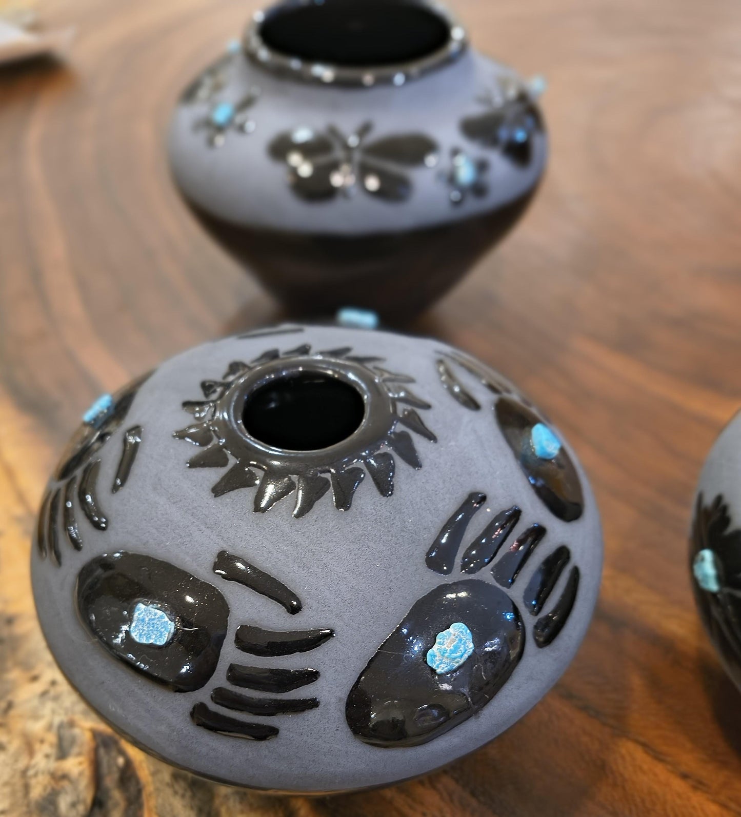 Indigenous Handcrafted Black Pottery Vase:  Sleeping Beauty Turquoise - 3 Options - Butterfly, Feather, Bear Paw