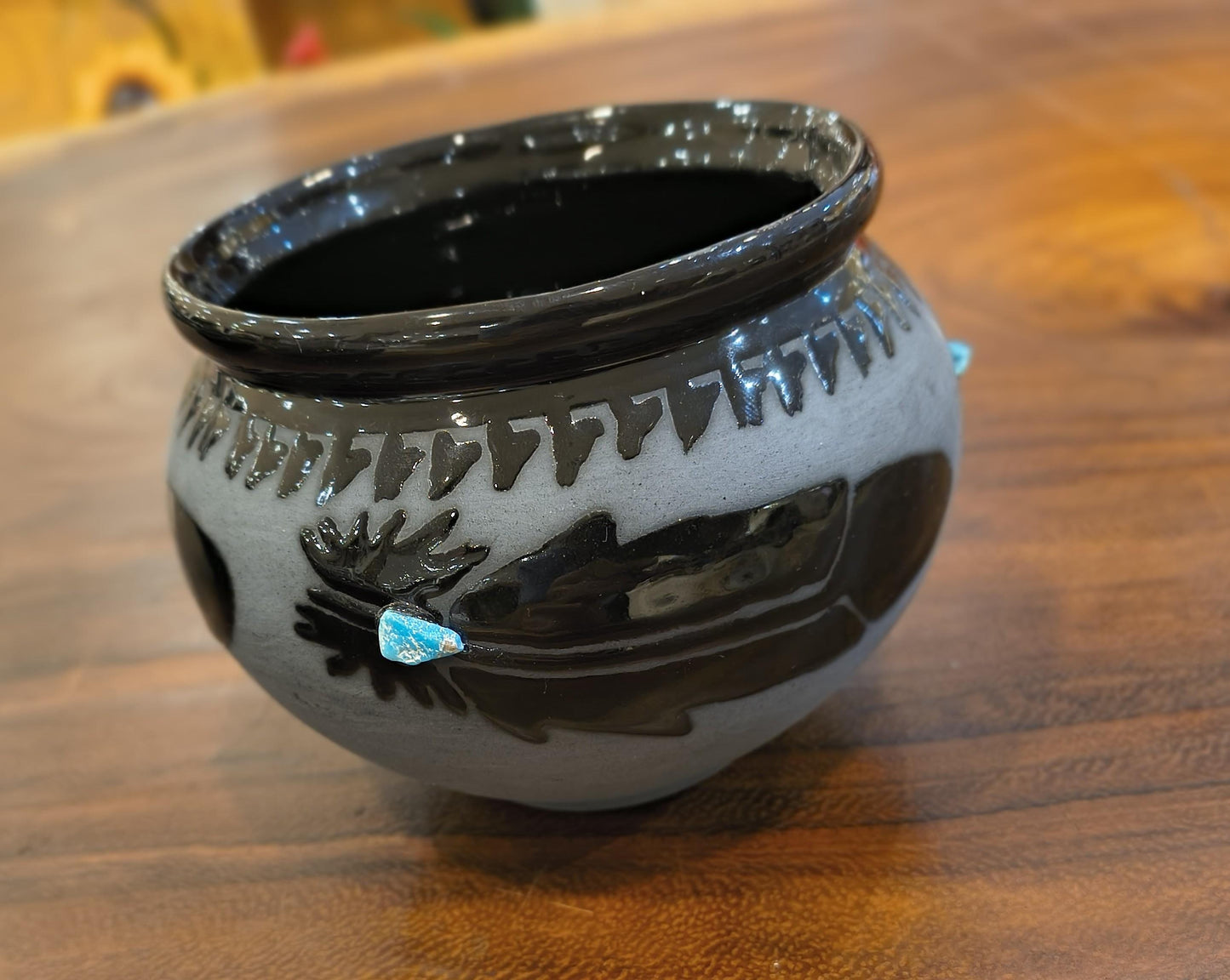 Indigenous Handcrafted Black Pottery Vase:  Sleeping Beauty Turquoise - 3 Options - Butterfly, Feather, Bear Paw