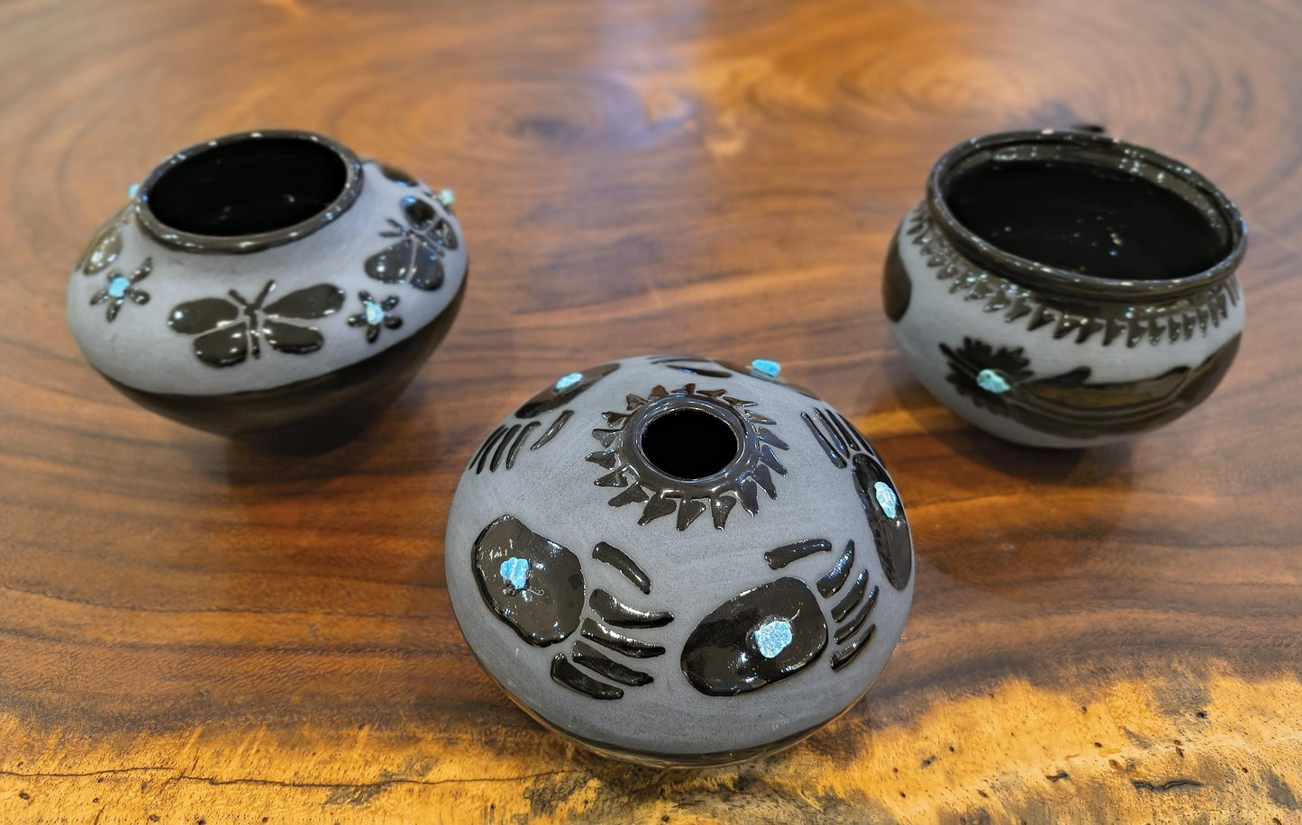 Indigenous Handcrafted Black Pottery Vase:  Sleeping Beauty Turquoise - 3 Options - Butterfly, Feather, Bear Paw