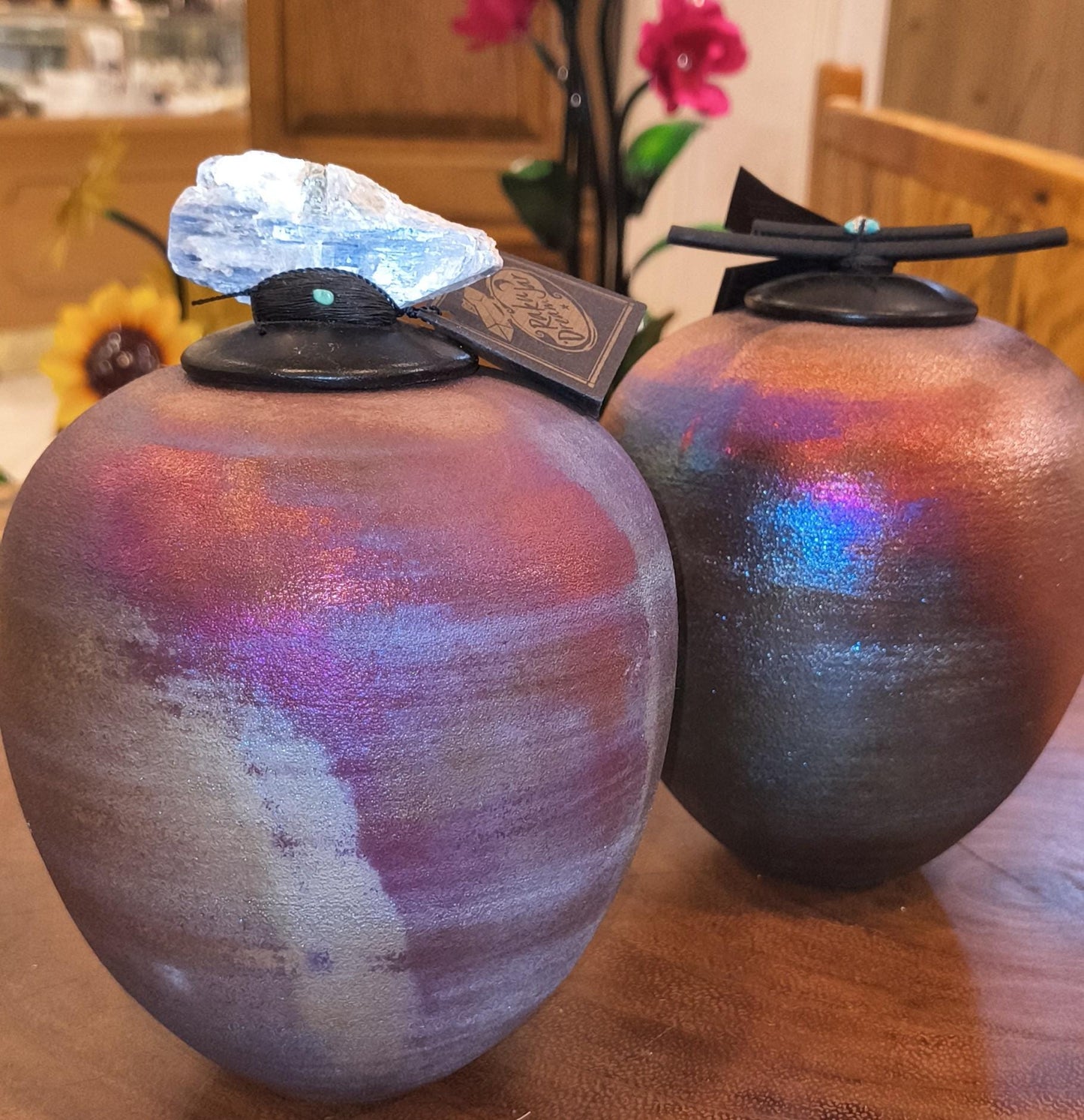 Raku Dream Jar  Peacock Blue Purple Iridescent Glaze, Gemstone Lid
