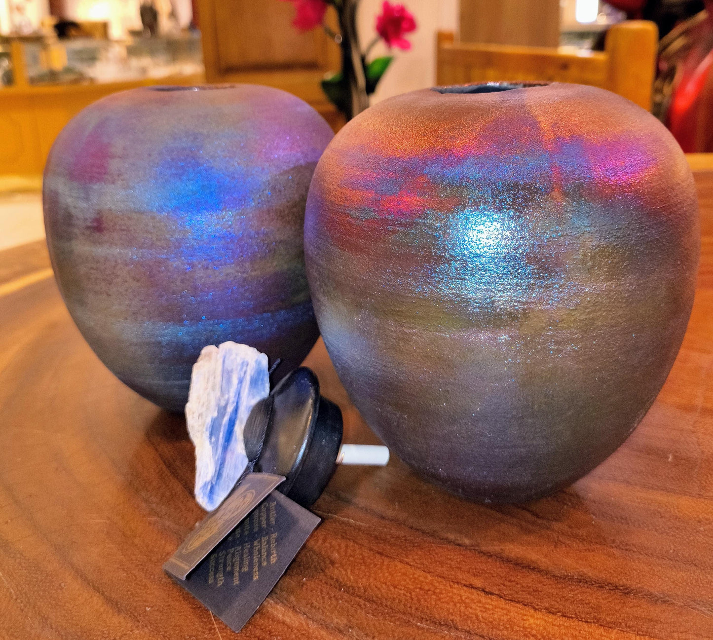 Raku Dream Jar  Peacock Blue Purple Iridescent Glaze, Gemstone Lid
