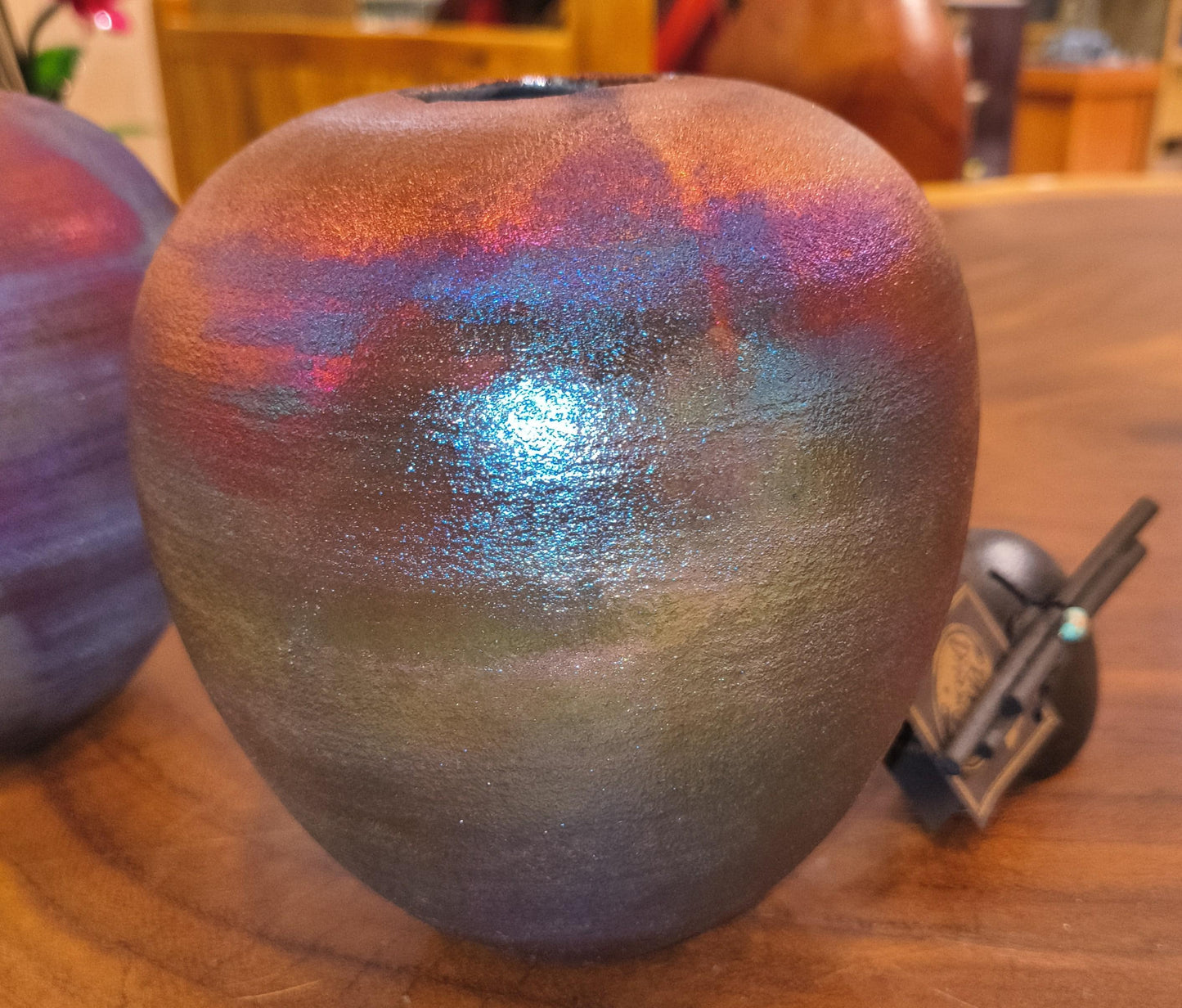 Raku Dream Jar  Peacock Blue Purple Iridescent Glaze, Gemstone Lid