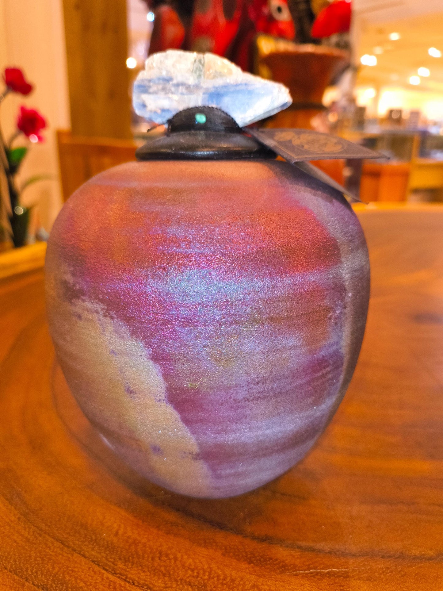 Raku Dream Jar  Peacock Blue Purple Iridescent Glaze, Gemstone Lid