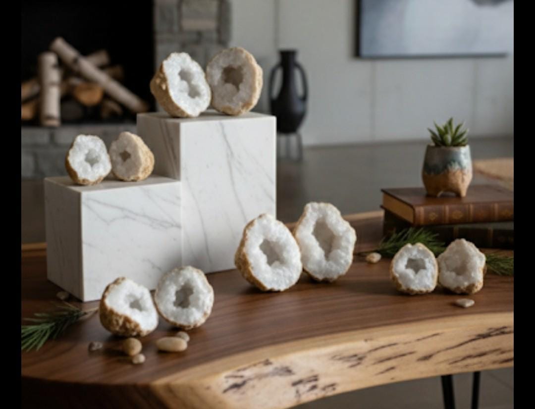Popcorn Crystal Geode Pair | Cauliflower & Druzy Quartz Pocket Cave | 6 Sizes | Atlas Mountains, Morocco