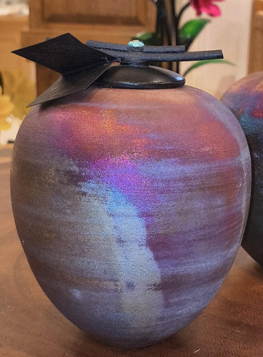 Raku Dream Jar  Peacock Blue Purple Iridescent Glaze, Gemstone Lid