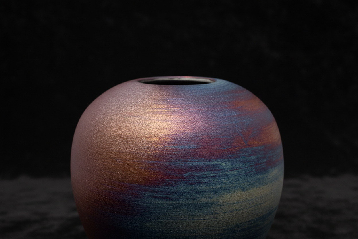 Close-up detail of large Raku pot glaze texture maintaining exact product colors