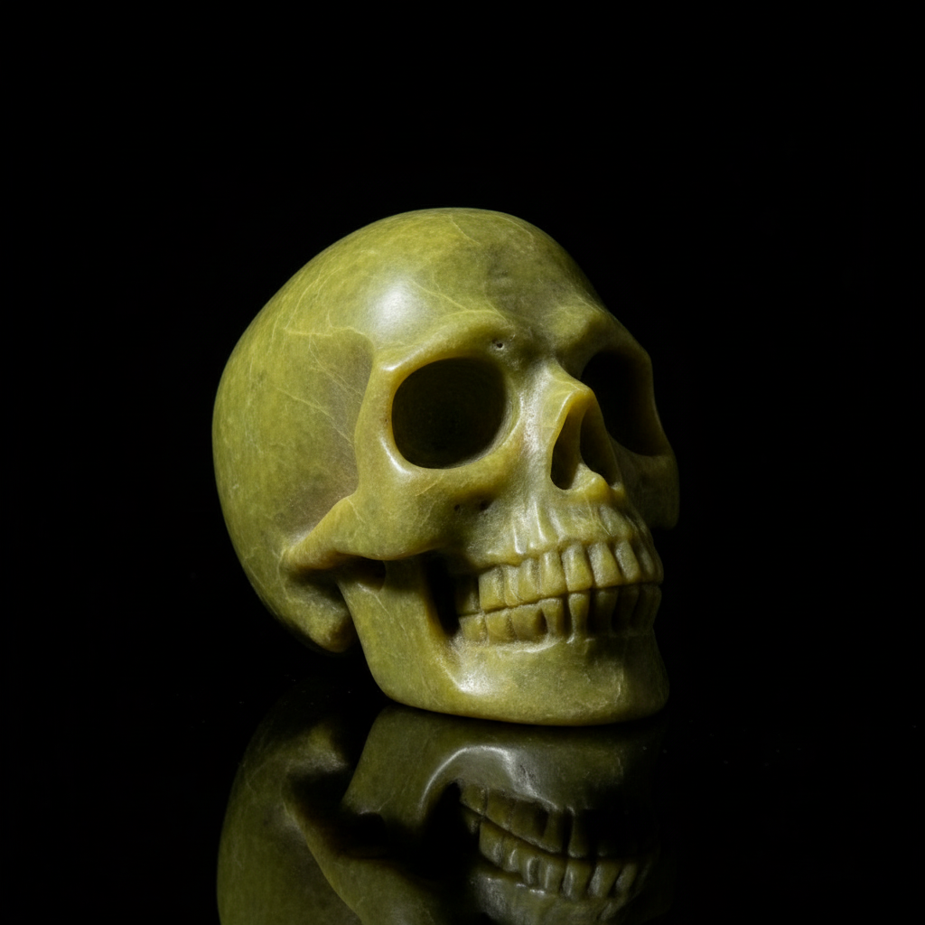 Hand-carved serpentine stone skull on black background - light yellowish-green natural crystal with dramatic lighting
