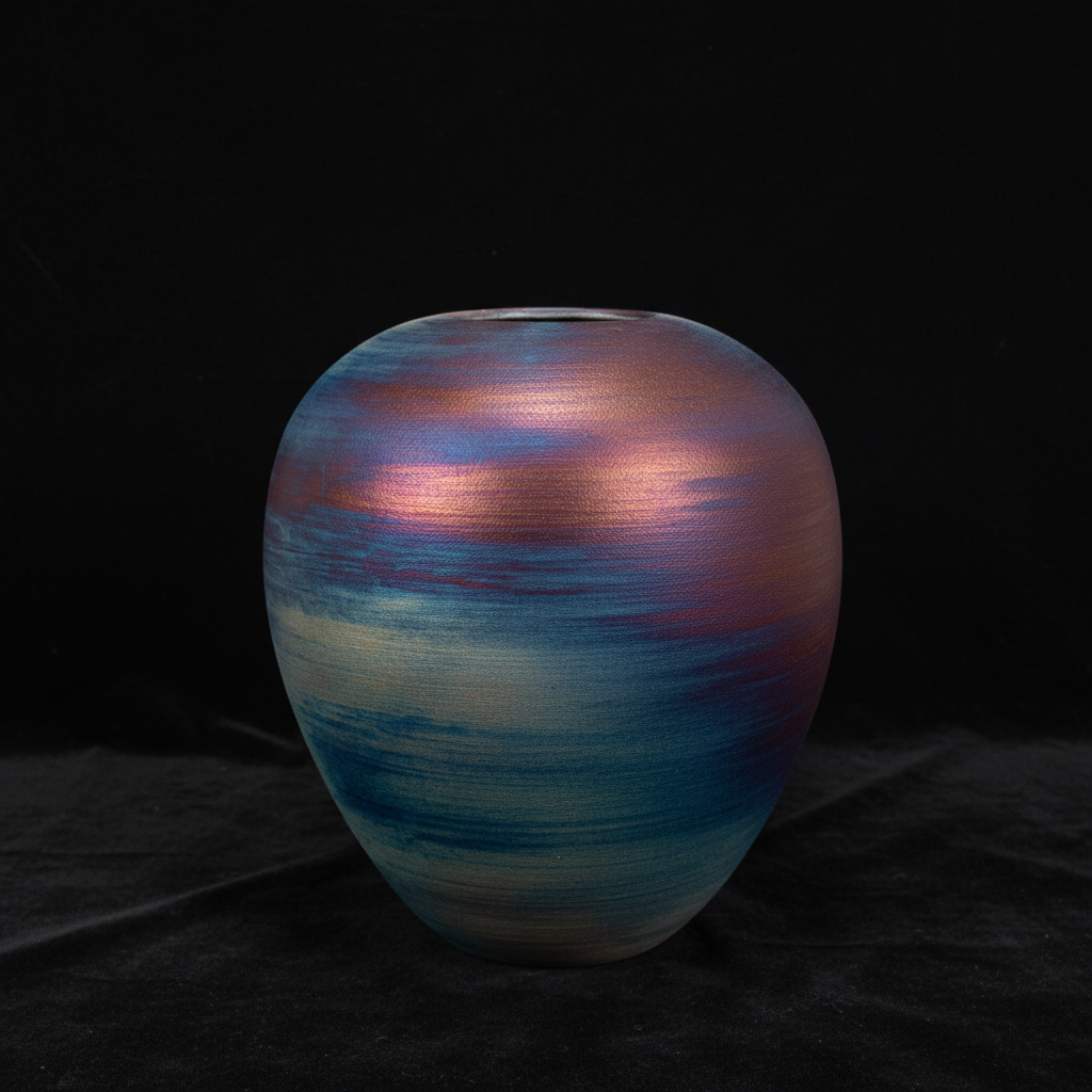 Angled detail view of large Raku pot showing curved form and rich glaze colors