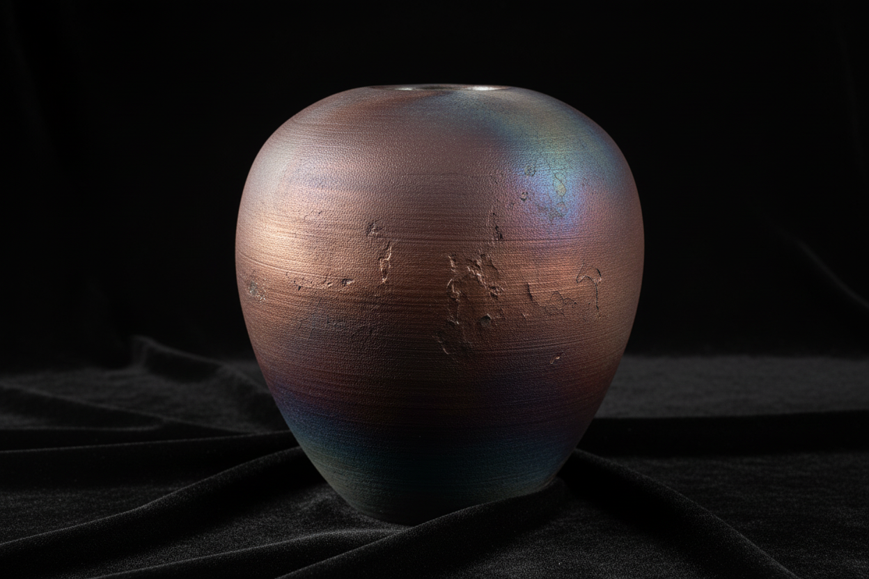 Close-up detail of large Raku pot showing matte copper and peacock-ore iridescent glaze texture