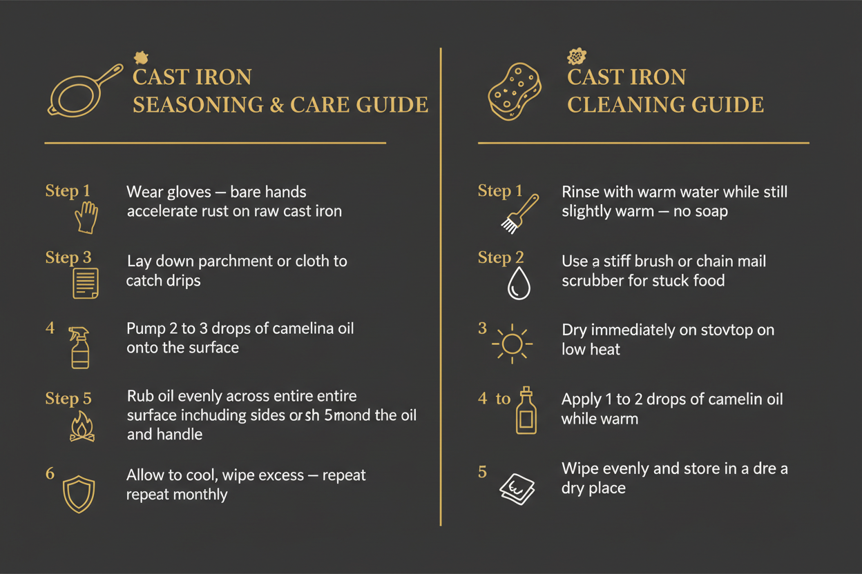 Step-by-step cast iron seasoning and cleaning guide infographic
