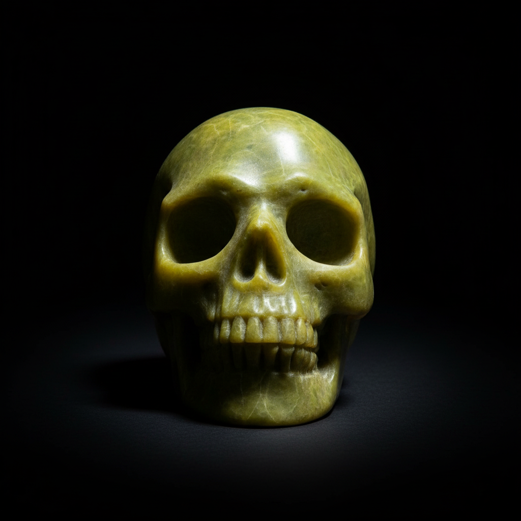 Serpentine skull front view black background - yellowish-green carved crystal top lighting