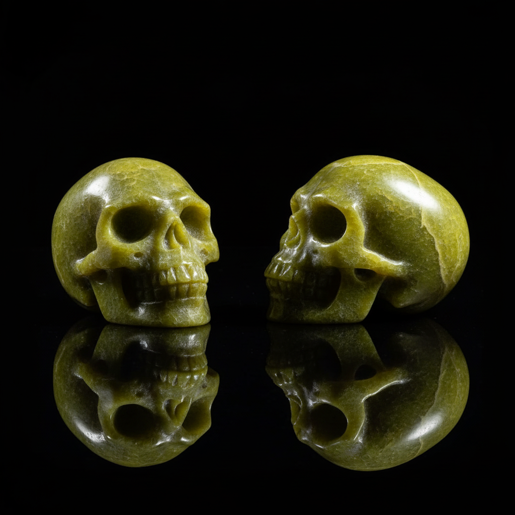 Two serpentine skulls on black background - yellowish-green hand carved healing crystals