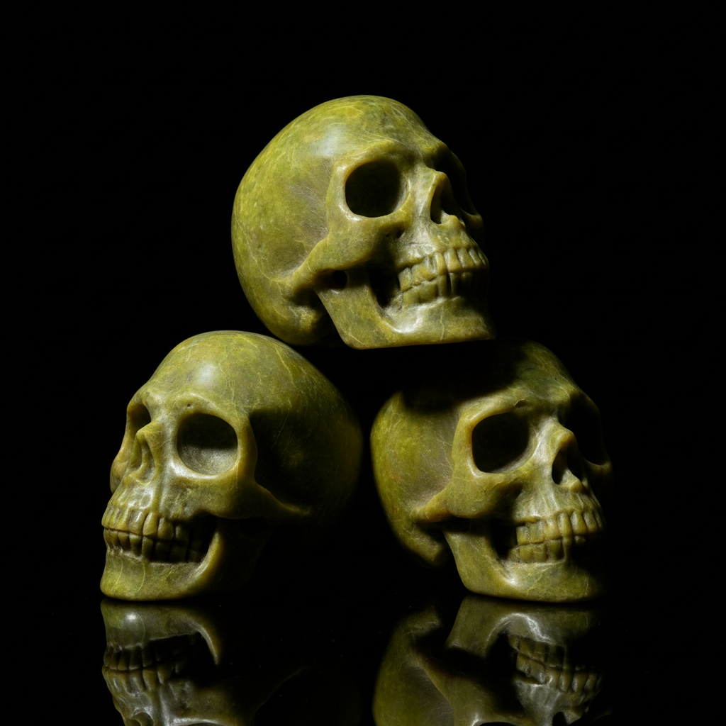 Three serpentine skulls pyramid on black - light yellowish-green stone with dramatic shadows