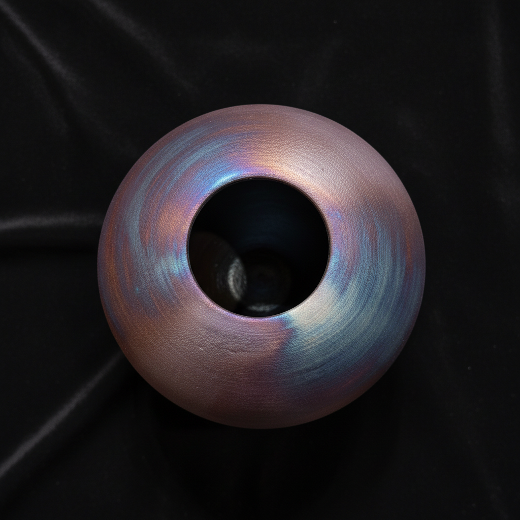 Top-down view of large Raku pot opening showing exact product appearance