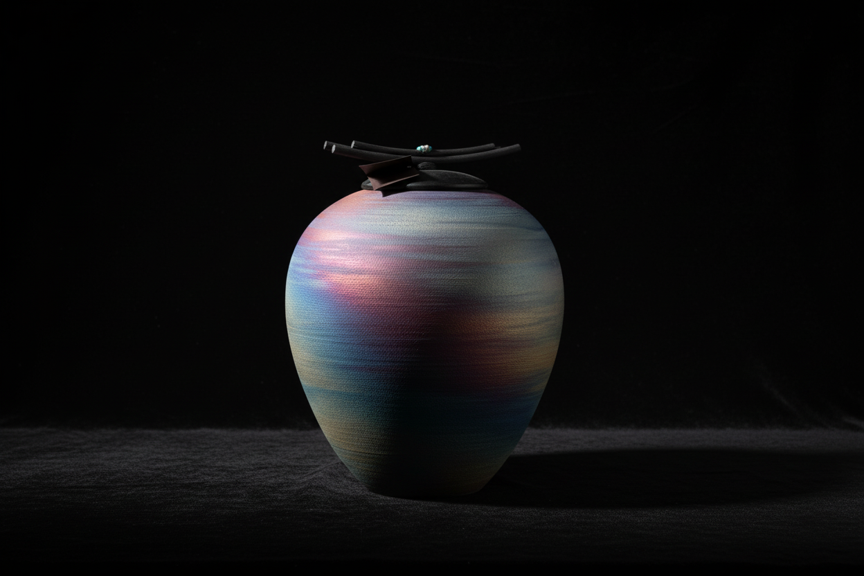 Side profile view of large Raku pot with black bamboo and turquoise lid