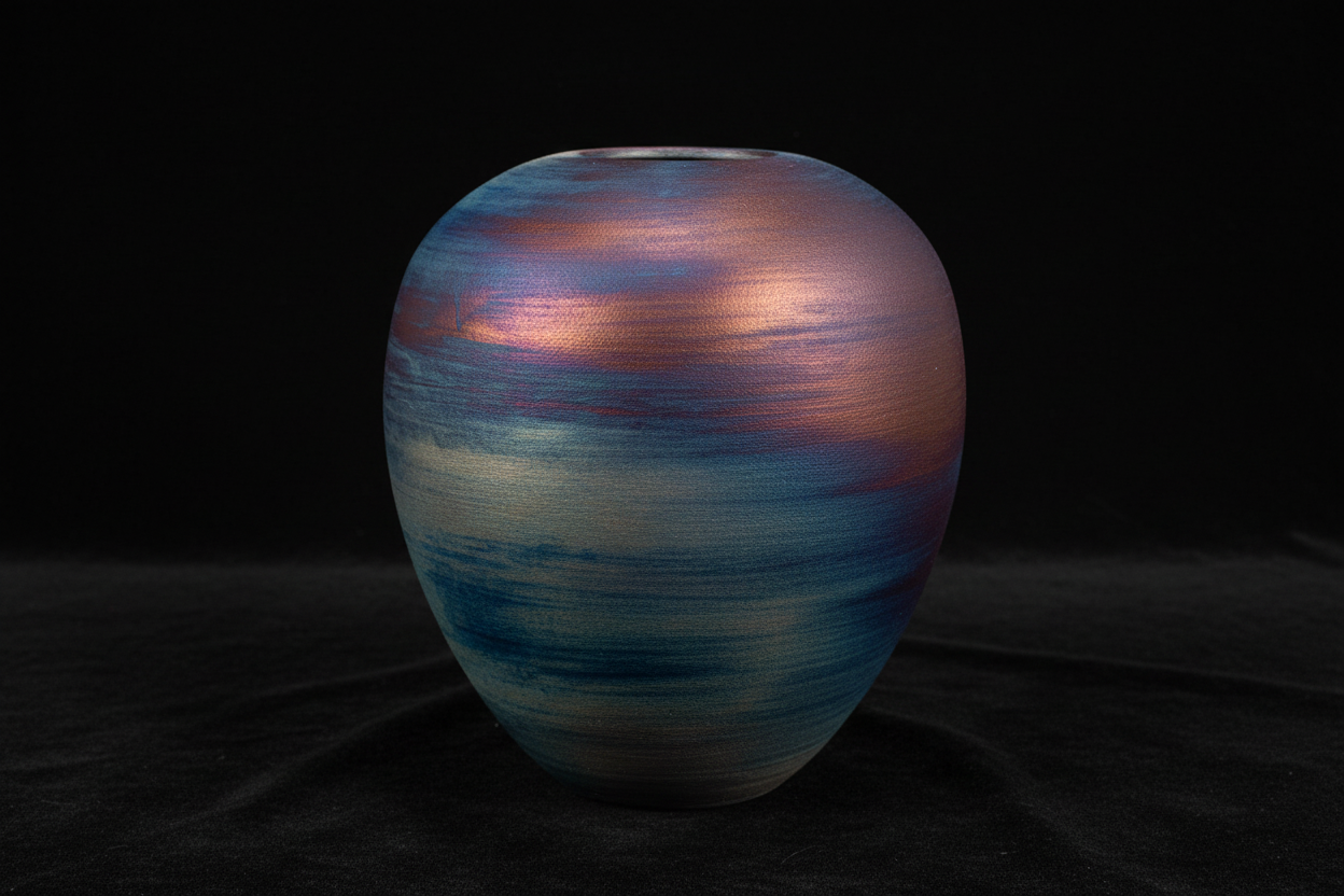 Three-quarter angle view of large Raku pot showing dimension and true colors