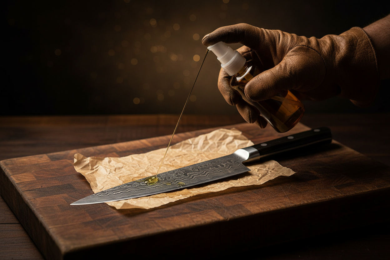 Gloved hand applying camelina blade oil to Damascus steel knife on parchment paper