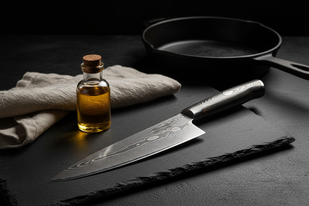 Damascus steel chef's knife with organic camelina blade oil on dark slate surface