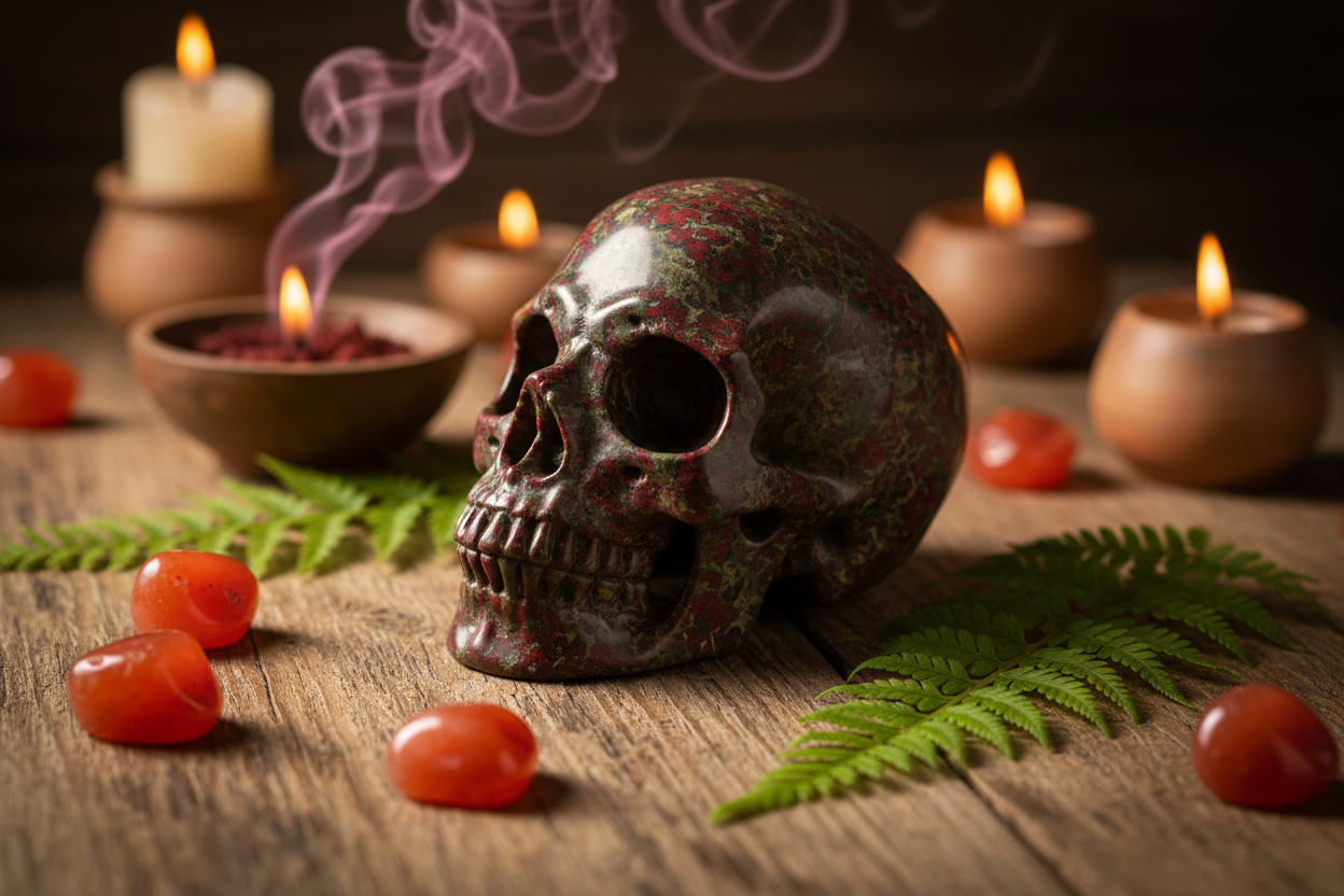 Dragon Blood Jasper skull on meditation altar with incense and crystals - spiritual healing stone for heart and root chakra
