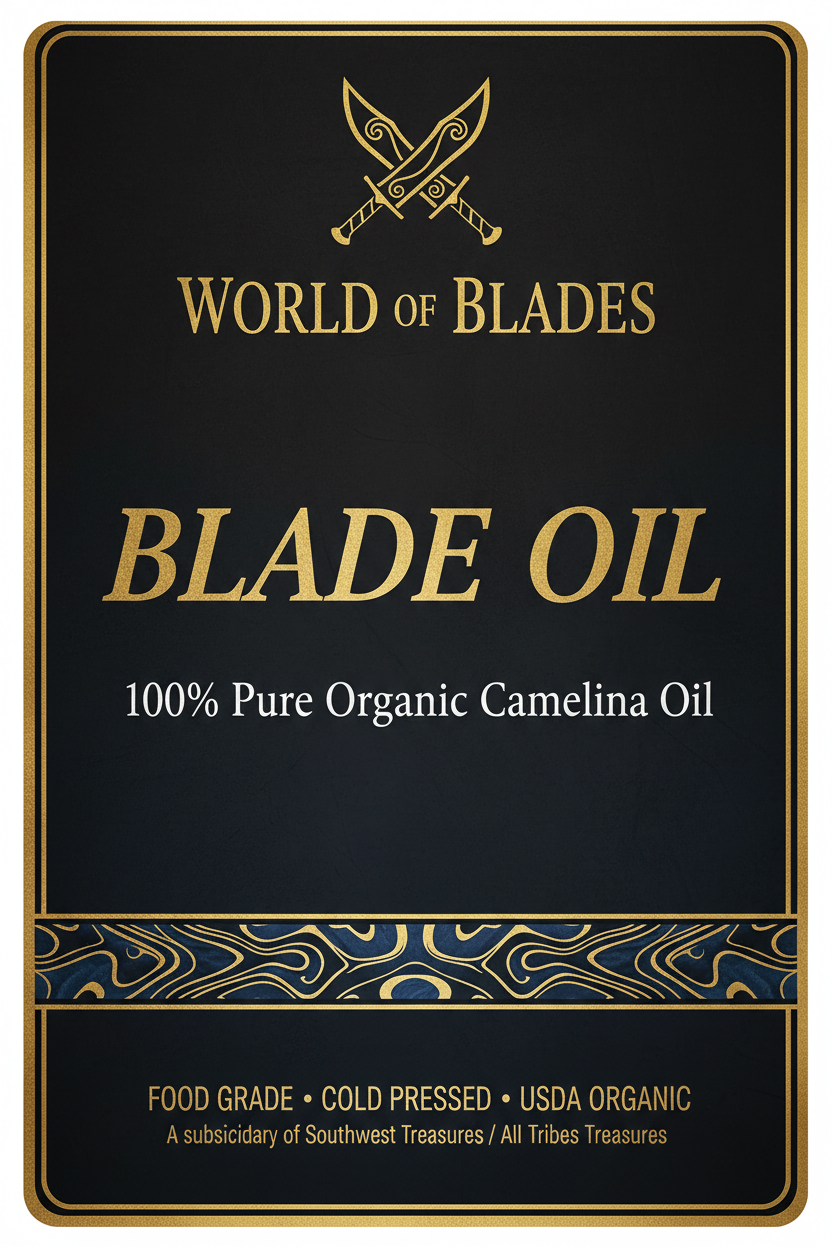 World of Blades 100% Organic Camelina Blade Oil front label