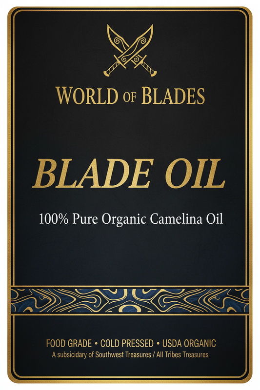 World of Blades 100% Organic Camelina Blade Oil front label