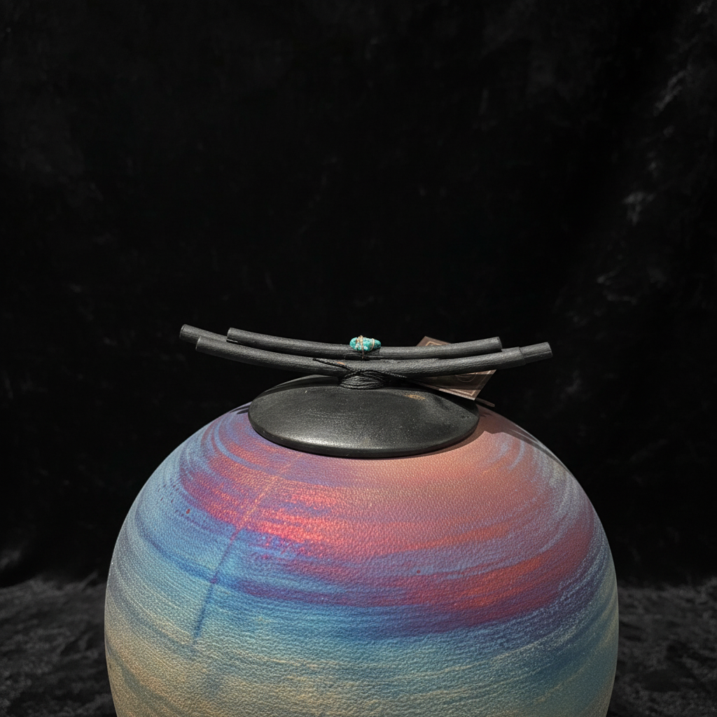 Detail shot of large Raku pot lid with black bamboo sticks and turquoise stone