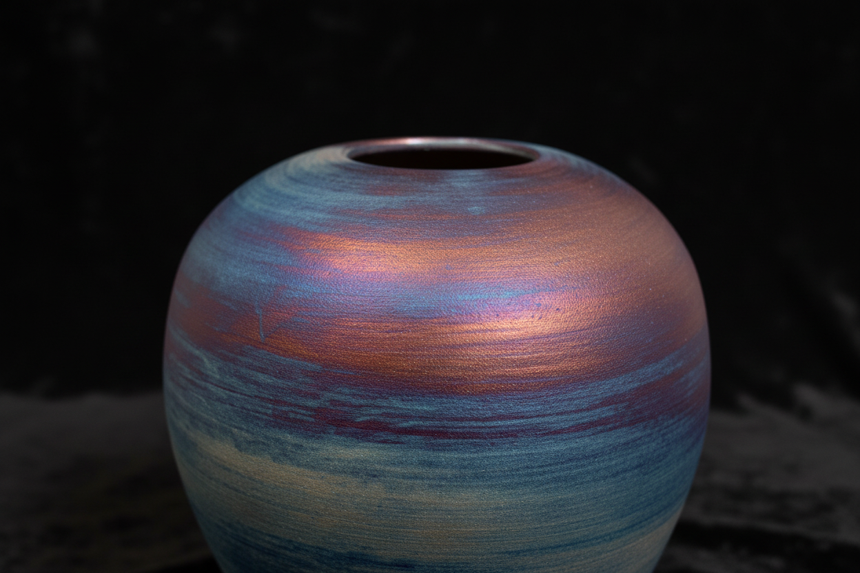 Close-up detail of large Raku pot matte purple and copper iridescent glaze surface
